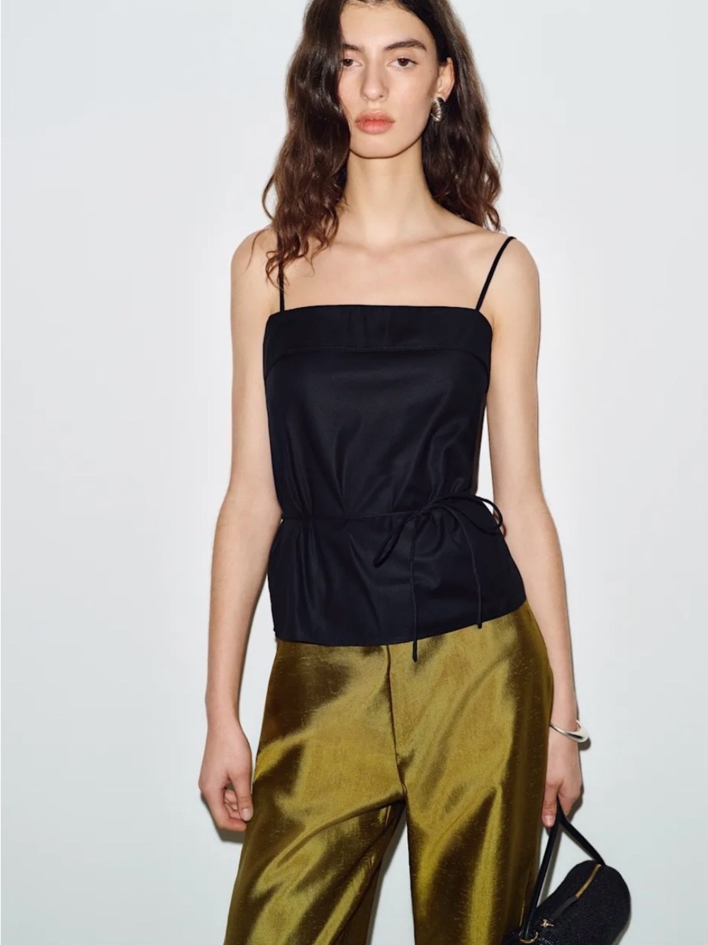 Reformation Black Drawstring Cami with Thin Straps